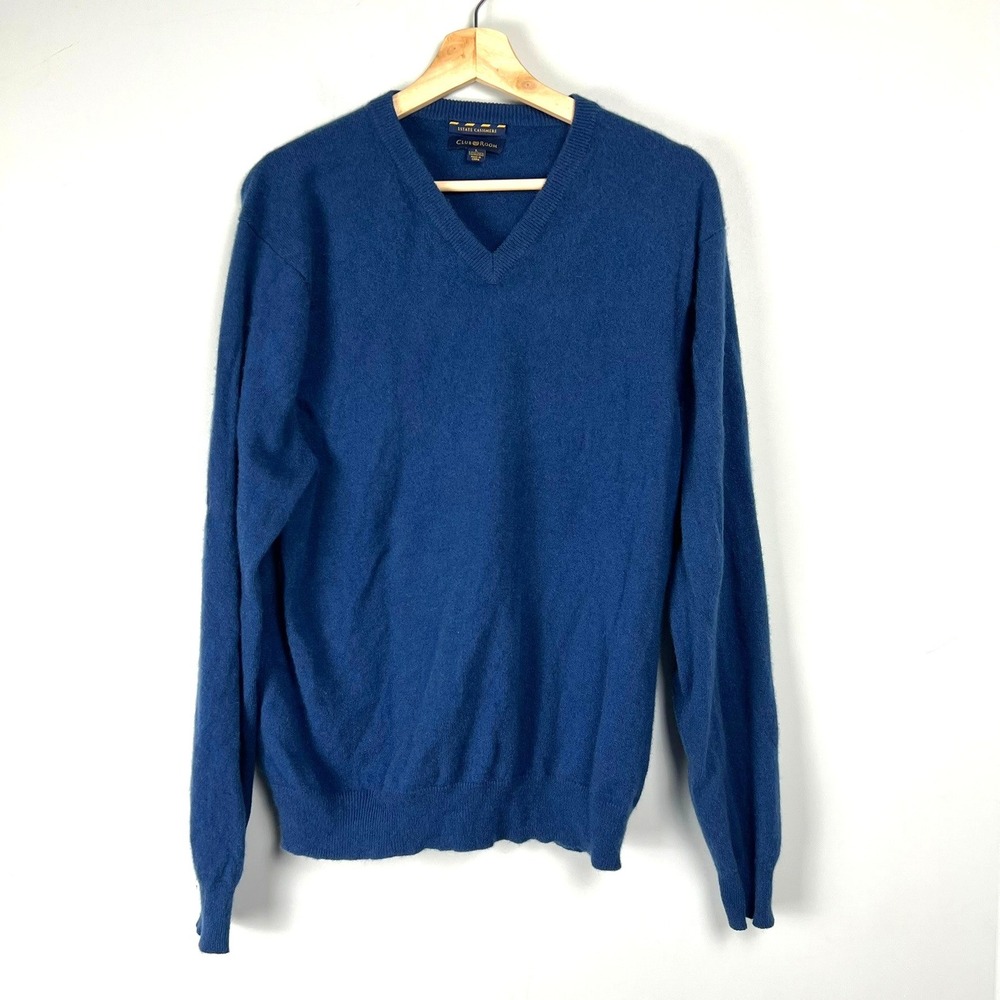 Club Room Estate Cashmere Mens L Blue V-Neck Sweater 2-Ply Cashmere Office Soft